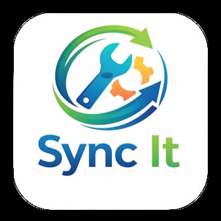 Sync It app logo featuring a wrench, screwdriver, and tools icon in a circular design with green and blue colors