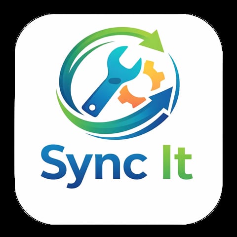 Sync It app logo featuring a wrench, screwdriver, and tools icon in a circular design with green and blue colors