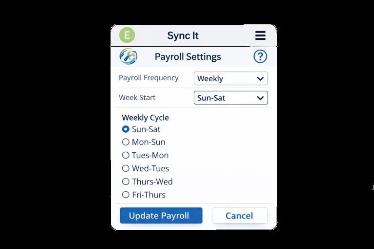 Payroll Settings dialog showing frequency set to Weekly, week start on Sun-Sat, and weekly cycle options with Update Payroll and Cancel buttons
