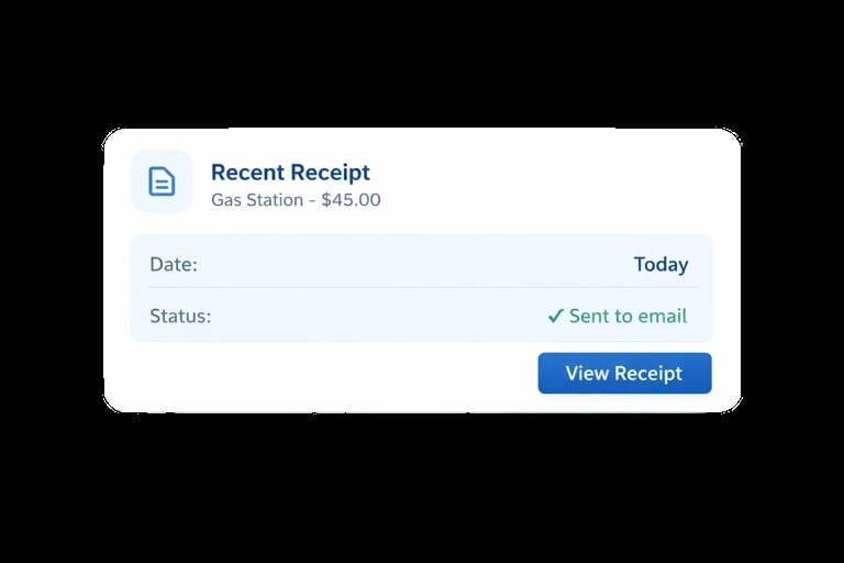 Recent receipt card showing gas station purchase of $45.00 dated today with sent to email status and view receipt button