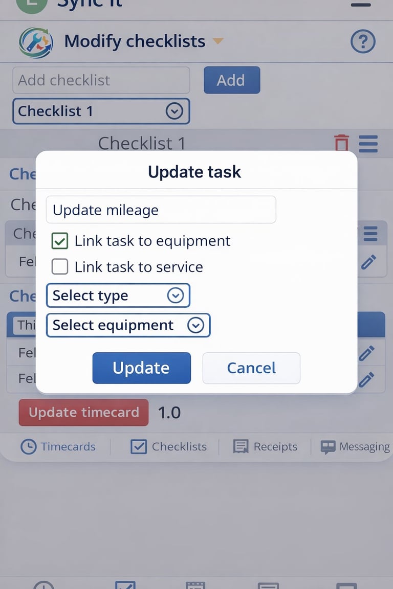 Update task dialog box for modifying checklists with mileage field, equipment and service linking options, and type/equipment dropdown menus