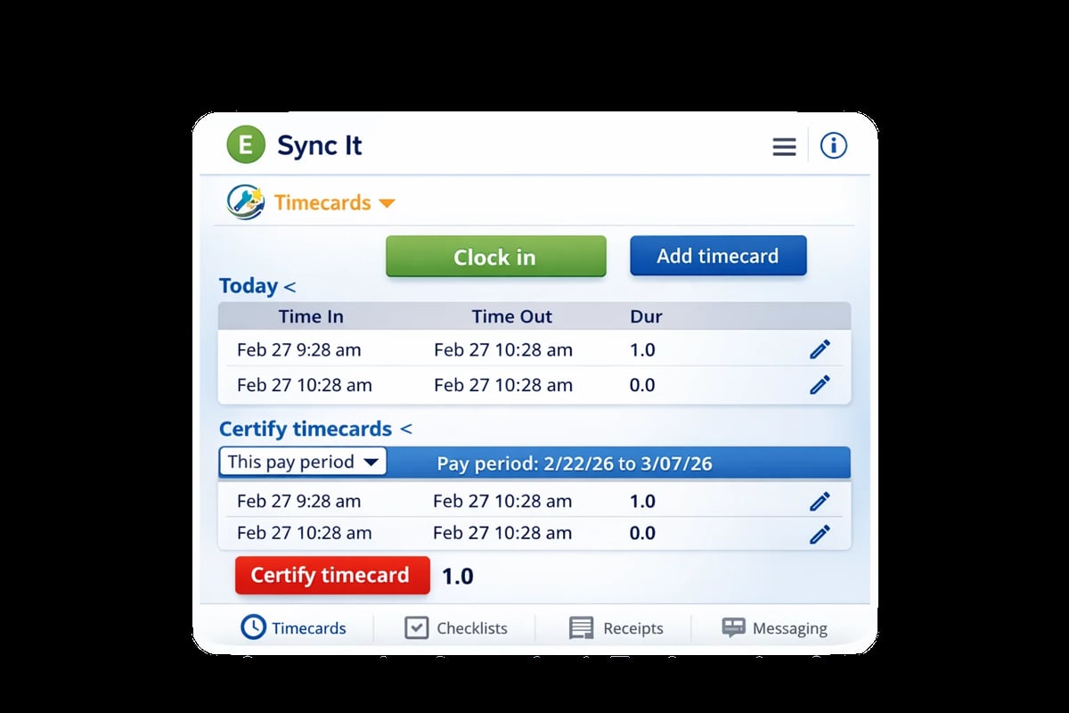 Sync It time tracking app showing clock in/out interface with todays timecard entries and pay period summary for February 27, 2026