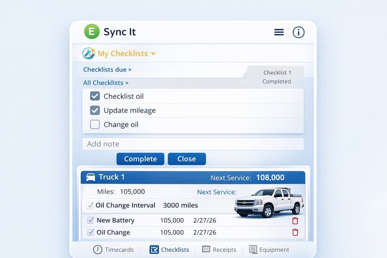 Sync It mobile app interface showing a vehicle maintenance checklist with completed items for oil change and mileage update, next service at 108,000 miles with a white truck image